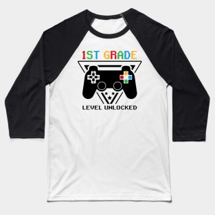 1st Grade Level Unlocked First Day of School Video Gamer Baseball T-Shirt